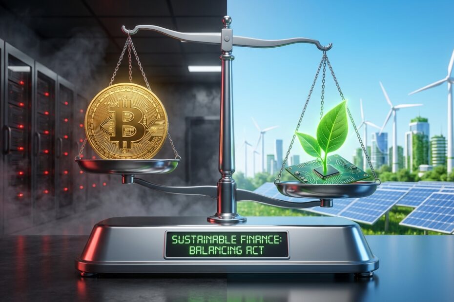 Balança digital comparando Bitcoin tradicional com criptomoedas sustentáveis e tecnologia verde