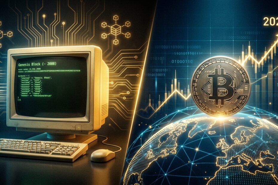 Ilustração representativa da evolução histórica do Bitcoin do código gênesis ao ativo global