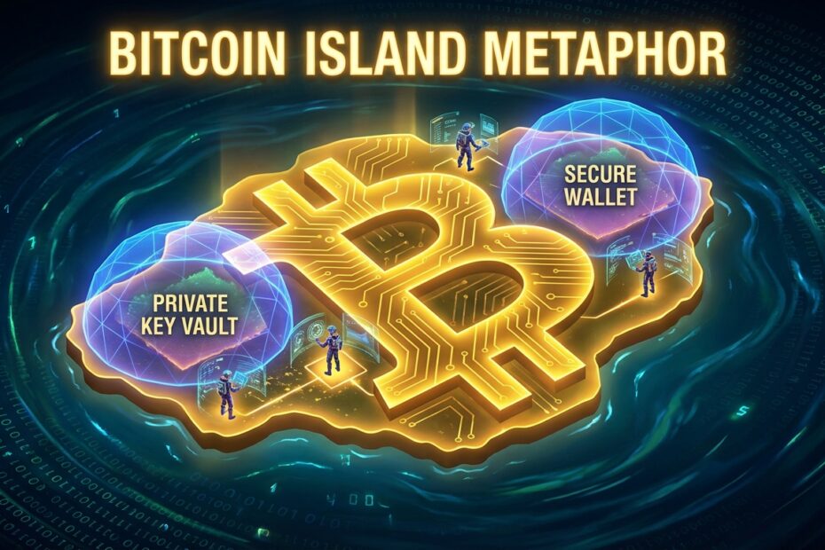 Ilustração digital da fabulosa ilha Bitcoin flutuando em um oceano de dados protegida por escudos de plasma