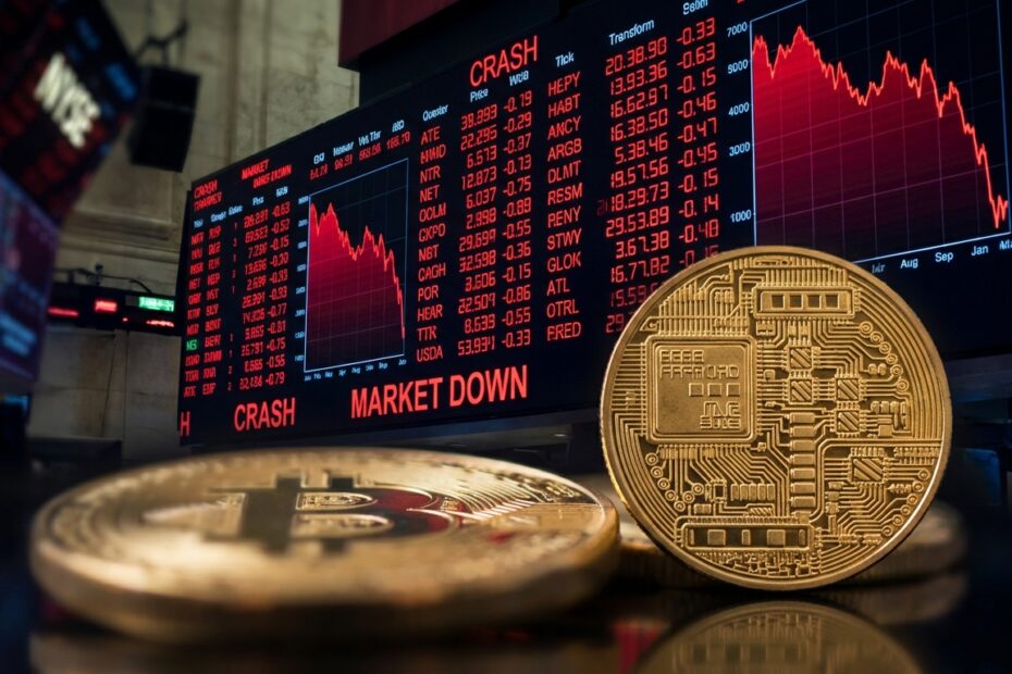 Painel da bolsa de valores com números em vermelho indicando queda nas ações de empresas de criptomoedas