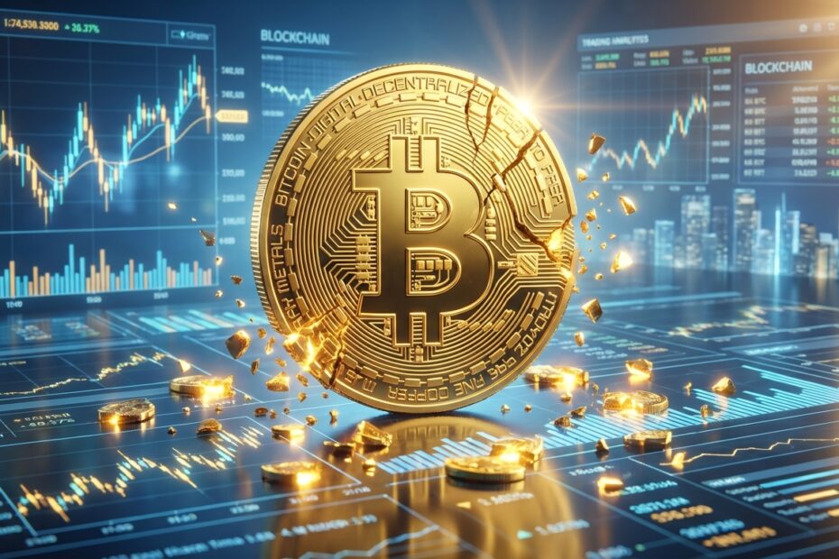 Ilustração 3D de um Bitcoin se dividindo em pequenas frações brilhantes chamadas satoshis.