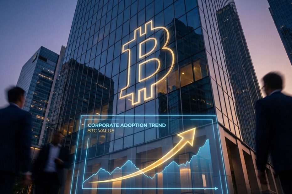 Gráfico de alta do bitcoin integrado a um ambiente corporativo moderno