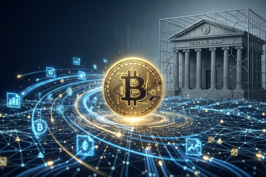 Ilustração representando a transição do sistema bancário tradicional para o Bitcoin lifestyle