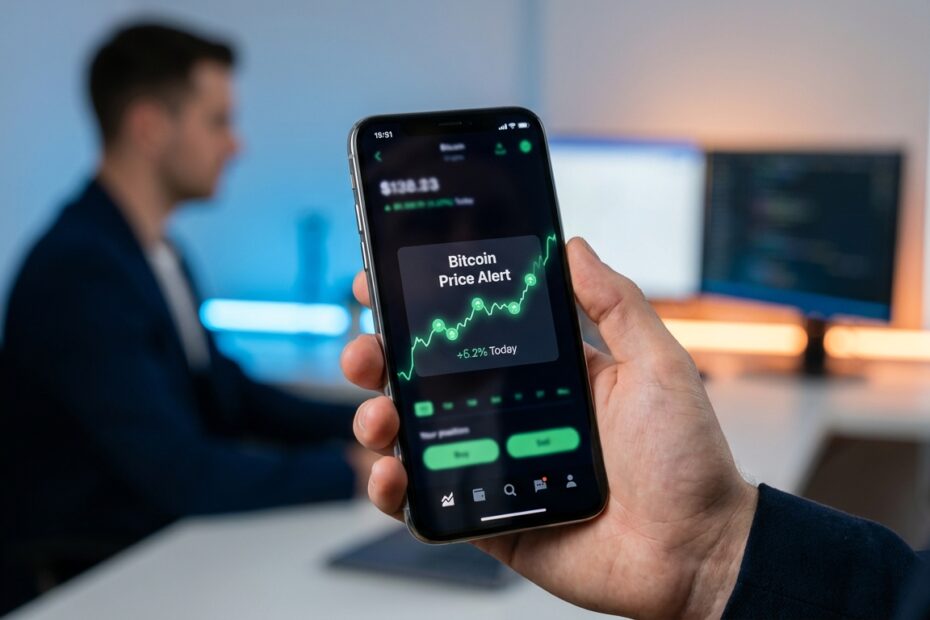 Smartphone exibindo notificação de alerta de preço do Bitcoin com gráfico de alta na tela