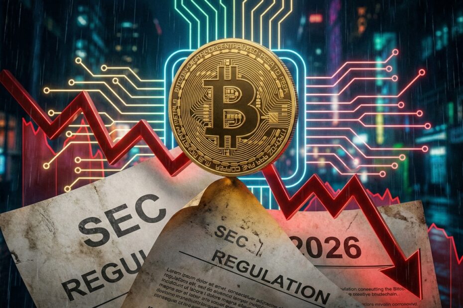 Bitcoin equilibrado sobre documentos regulatórios indicando risco de crash
