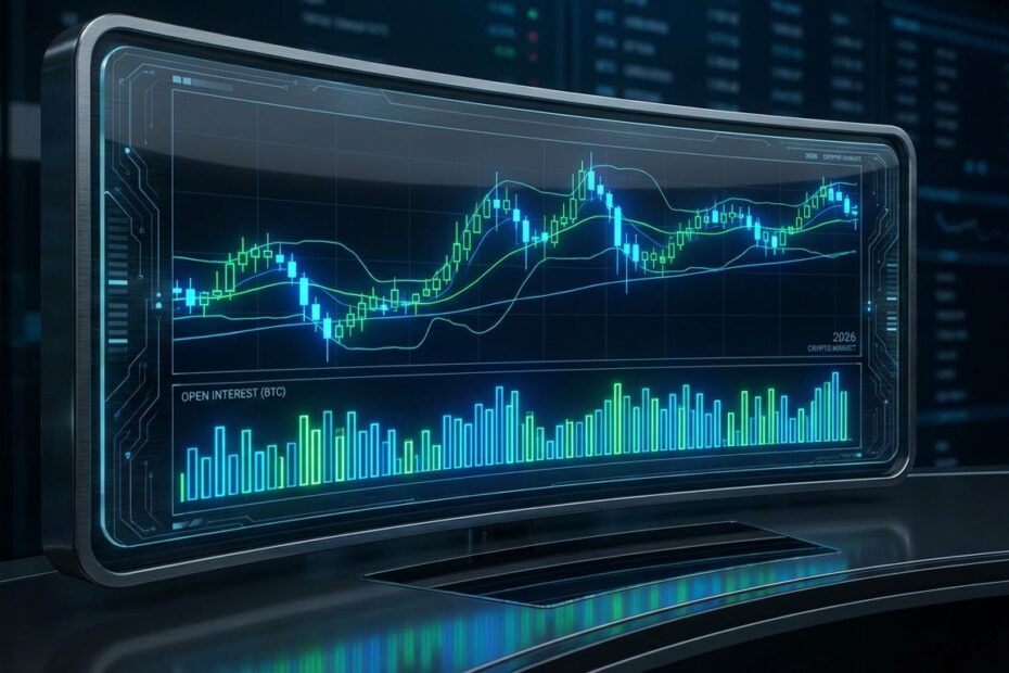 Gráfico digital de trading mostrando preço do Bitcoin e indicador de open interest