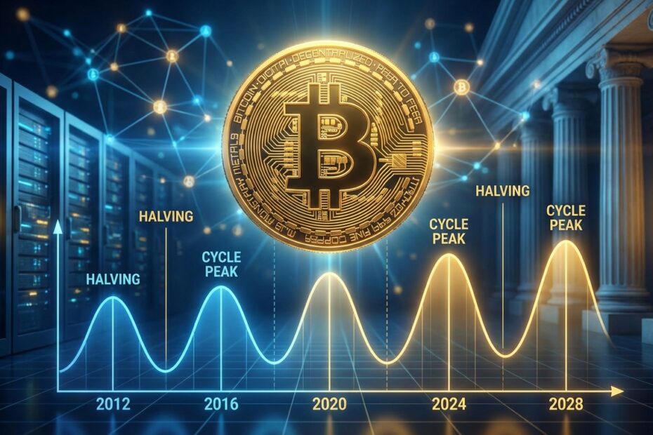 Gráfico ilustrativo dos ciclos de quatro anos do Bitcoin e tendência de valorização