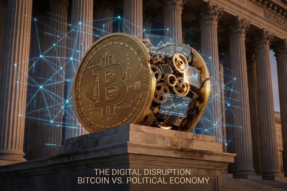 Ilustração conceitual de um Bitcoin fraturado revelando engrenagens internas, representando a análise da utopia tecnocrática.