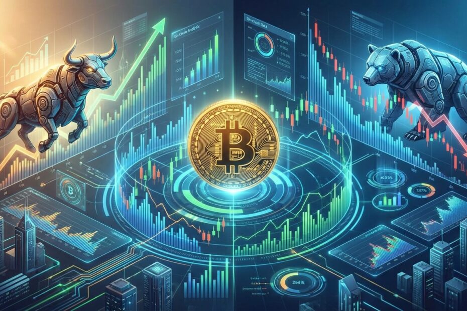 Ilustração digital mostrando o símbolo do Bitcoin cercado por gráficos financeiros de alta e baixa indicando volatilidade.