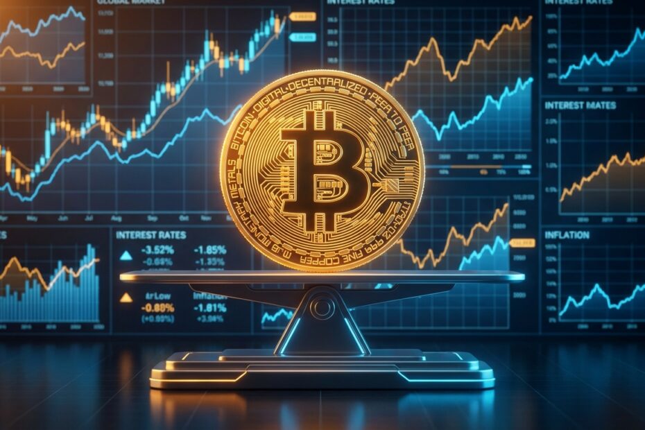 Símbolo do Bitcoin sobre gráficos do mercado financeiro e indicadores macroeconômicos globais