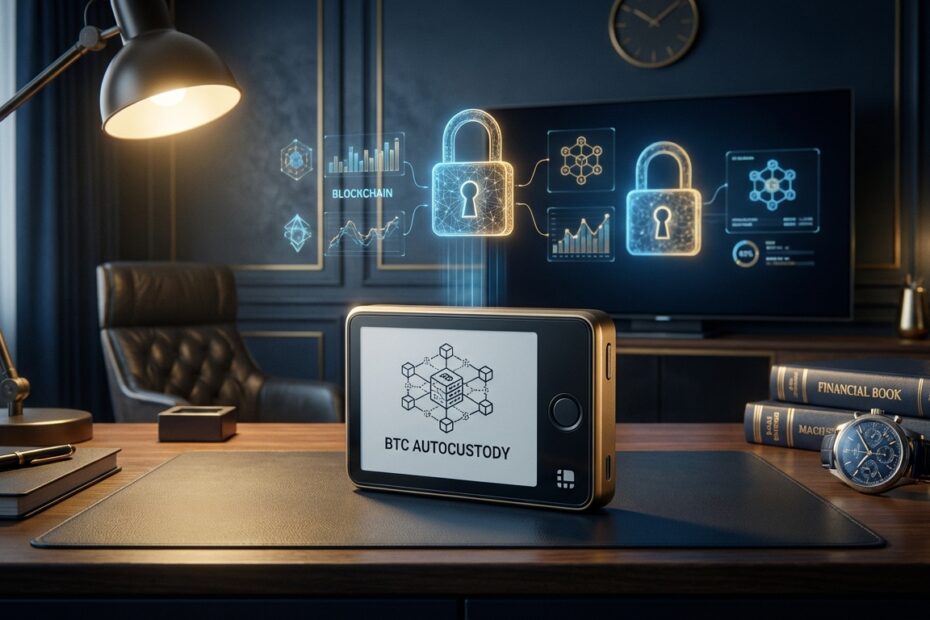 Hardware wallet sobre mesa simbolizando a autocustódia de bitcoin e segurança digital