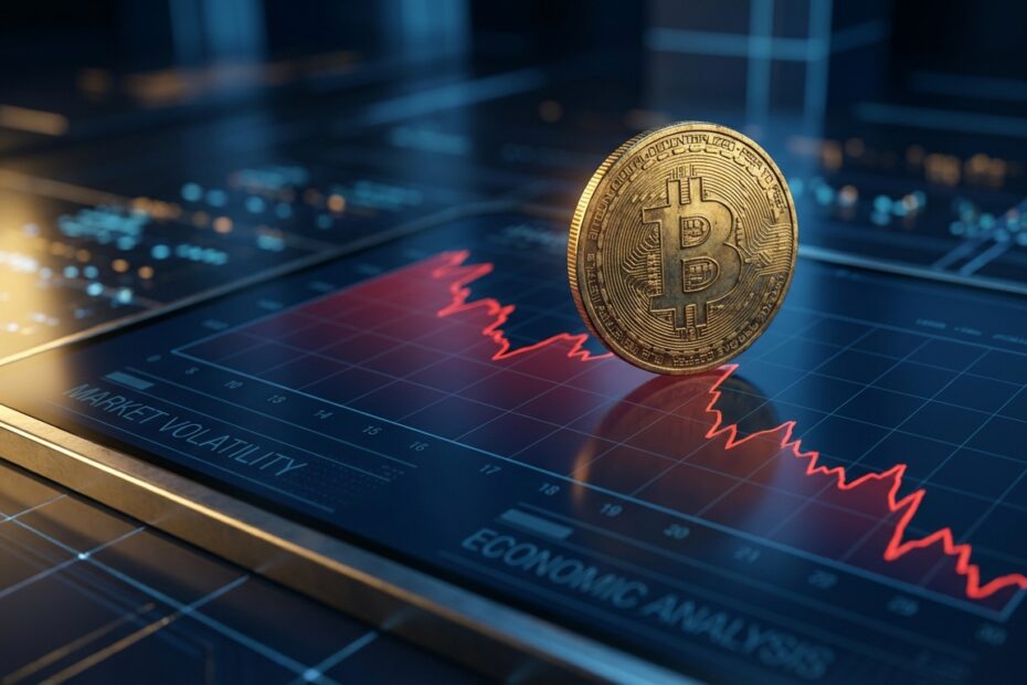 Gráfico financeiro em declínio com moeda Bitcoin dourada representando a queda recente do mercado