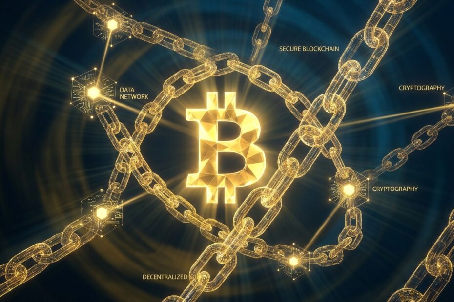 Ilustração 3D de alta tecnologia representando a segurança da rede Bitcoin e suas camadas de proteção criptográfica