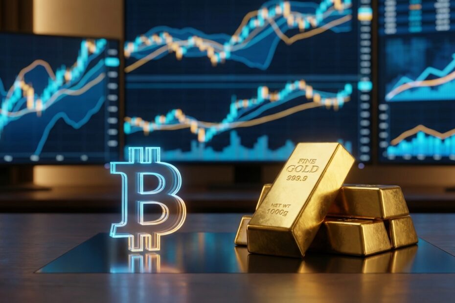 Comparativo visual entre barras de ouro físico e símbolo digital do Bitcoin sobre gráficos financeiros