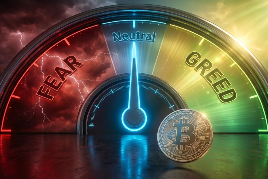 Ilustração de um medidor de sentimento de mercado apontando para neutro com uma moeda Bitcoin em destaque