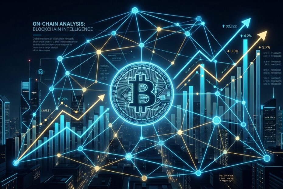 Representação gráfica de dados de análise on-chain na rede Bitcoin com indicadores de mercado.
