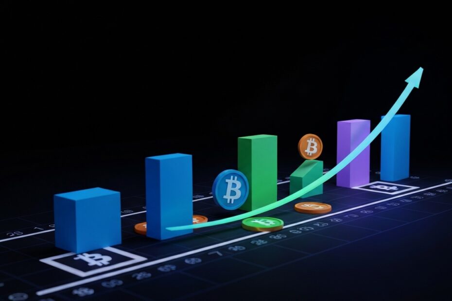 Gráfico futurista mostrando a ascensão do preço do Bitcoin com elementos digitais