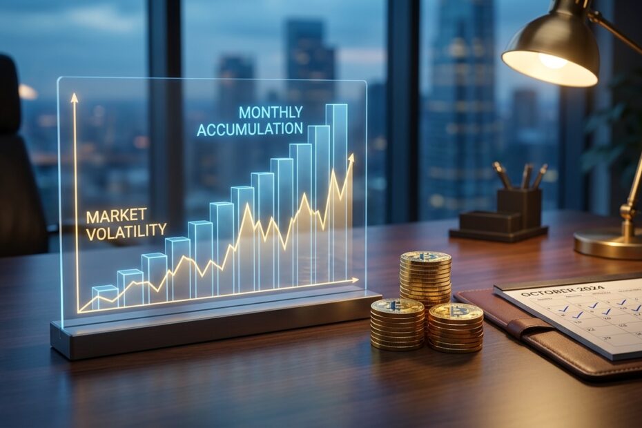 Gráfico comparando a estabilidade dos aportes mensais em Bitcoin contra a volatilidade do mercado