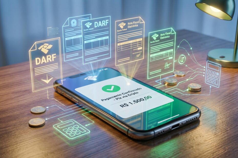 Smartphone processando pagamento com criptomoedas cercado por gráficos fiscais digitais