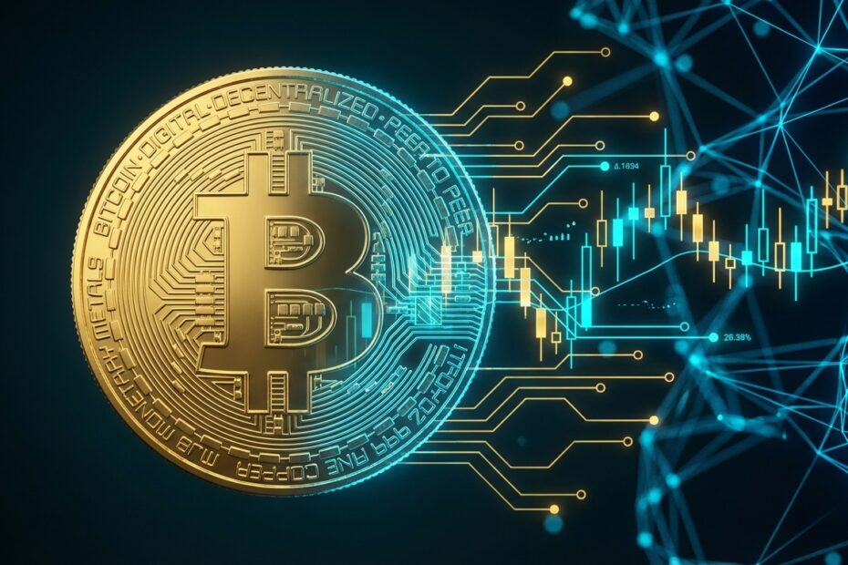 Moeda Bitcoin se transformando de ouro físico para dados digitais e gráficos de ações de tecnologia