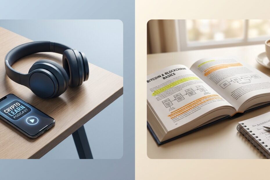 Comparação entre fones de ouvido para audiobook e livro físico técnico sobre Bitcoin em uma mesa de estudos.