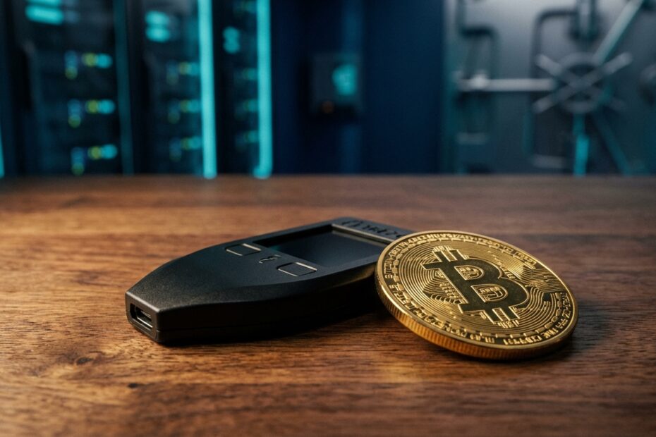 Hardware wallet de criptomoedas sobre mesa de madeira ao lado de moeda física de Bitcoin representando a auto custódia segura