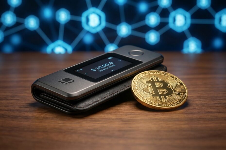 Carteira de hardware física ao lado de uma moeda Bitcoin representando a autocustódia segura