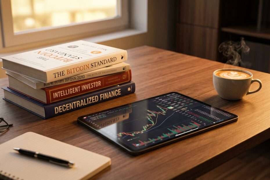 Pilha de livros sobre finanças e criptomoedas em uma mesa de escritório moderna com tablet exibindo gráficos