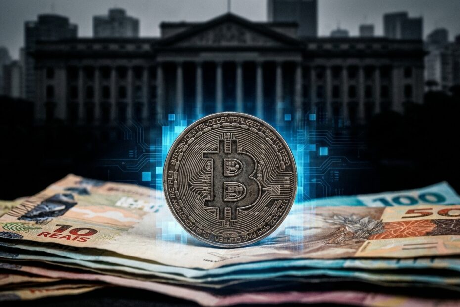 Bitcoin sobre notas de reais com iluminação digital azul e silhueta de banco ao fundo