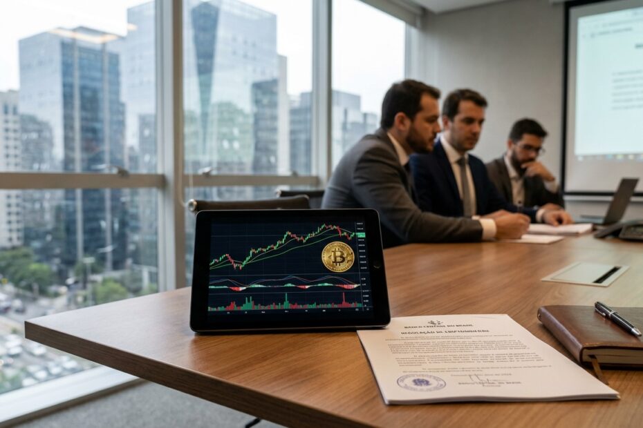 Tablet com gráficos financeiros em mesa de escritório corporativo representando regulação de criptoativos