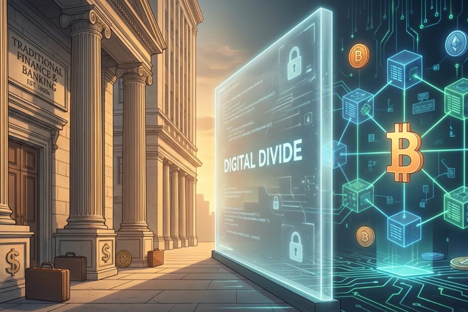 Ilustração conceitual mostrando a divisão entre o mercado financeiro tradicional e o ecossistema do Bitcoin.