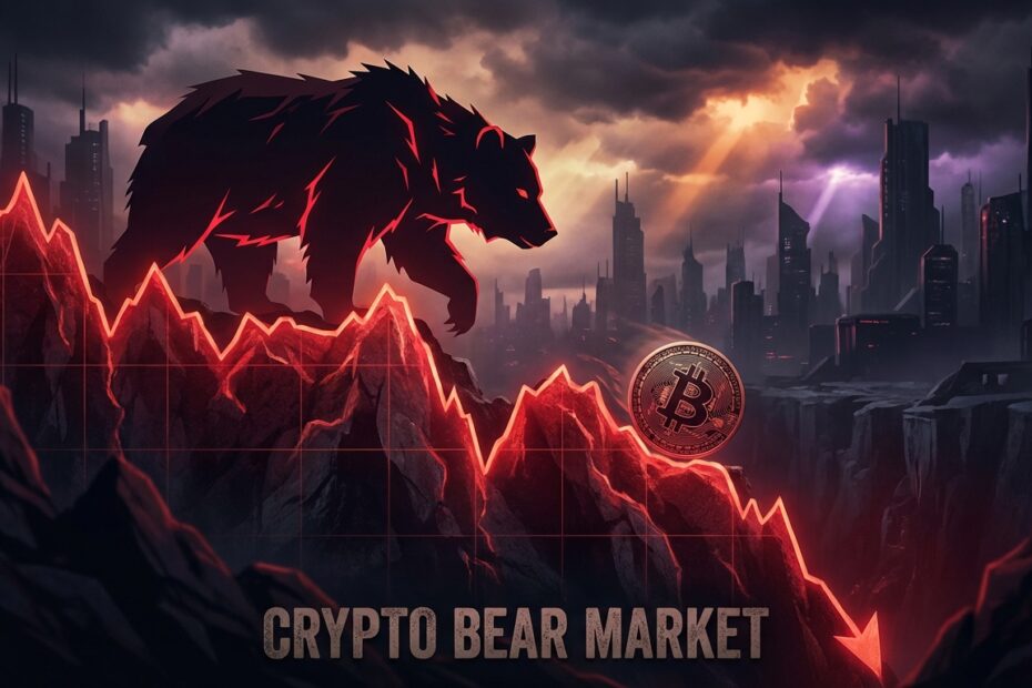 Ilustração de um urso sobre um gráfico financeiro em queda representando o bear market no Bitcoin