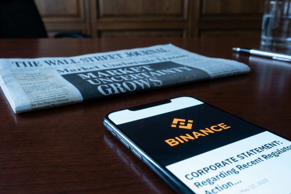 Celular com logo da Binance à frente de jornal Wall Street Journal em mesa de escritório