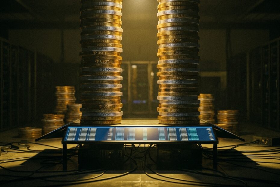 Gráfico conceitual mostrando pilhas de moedas digitais representando o domínio da Binance nas reservas de stablecoins