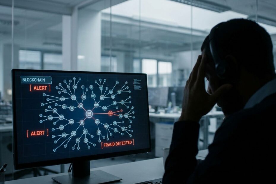 Tela de computador exibindo gráficos de transações de criptomoedas com alertas de segurança em escritório corporativo