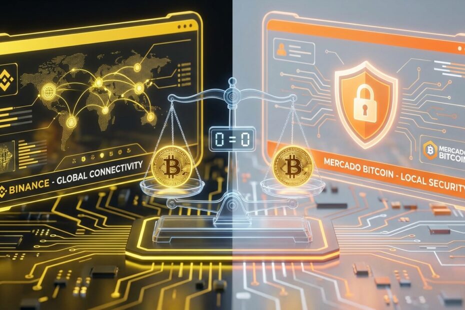 Comparativo visual entre as exchanges Binance e Mercado Bitcoin com balança digital e elementos de segurança
