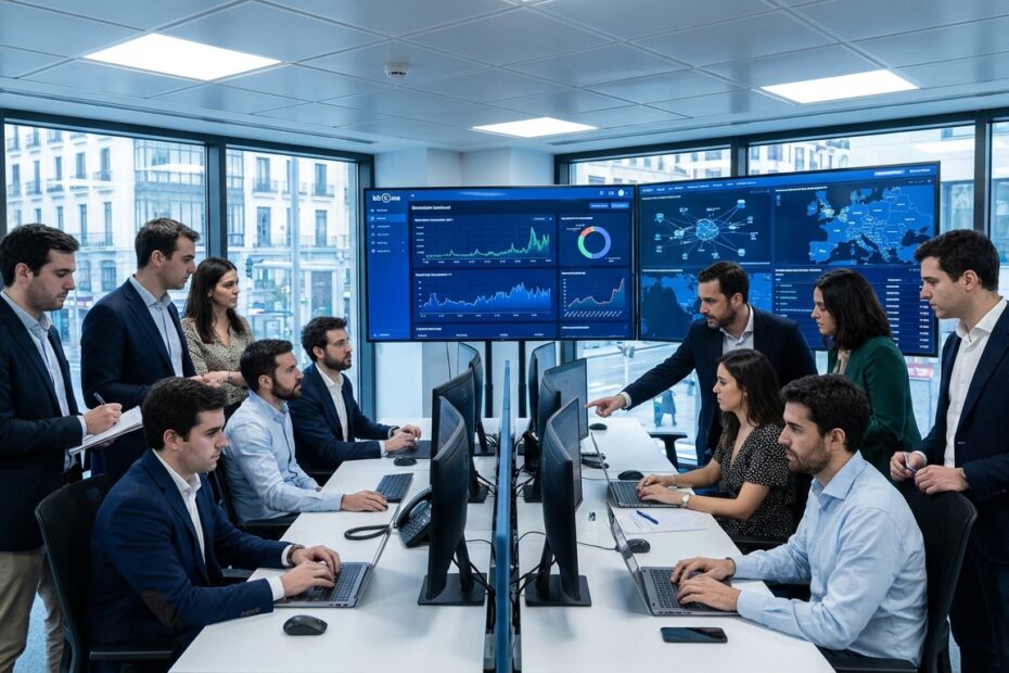 Escritório da Bit2Me com analistas monitorando dados de blockchain e infraestrutura bancária.