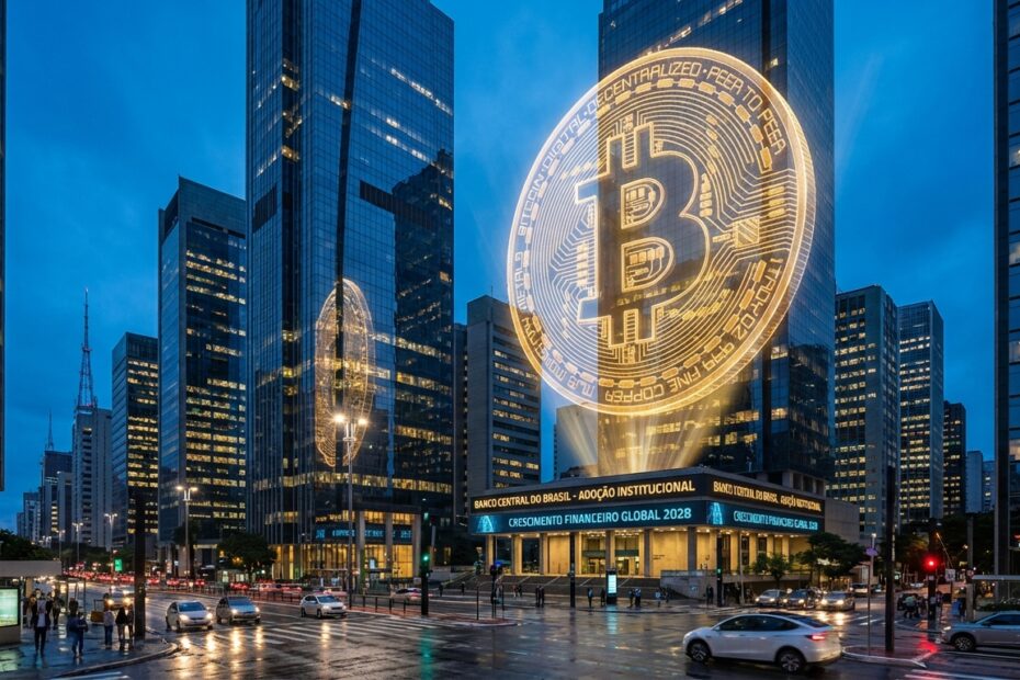 Ilustração futurista do Bitcoin integrado ao mercado financeiro brasileiro em 2028