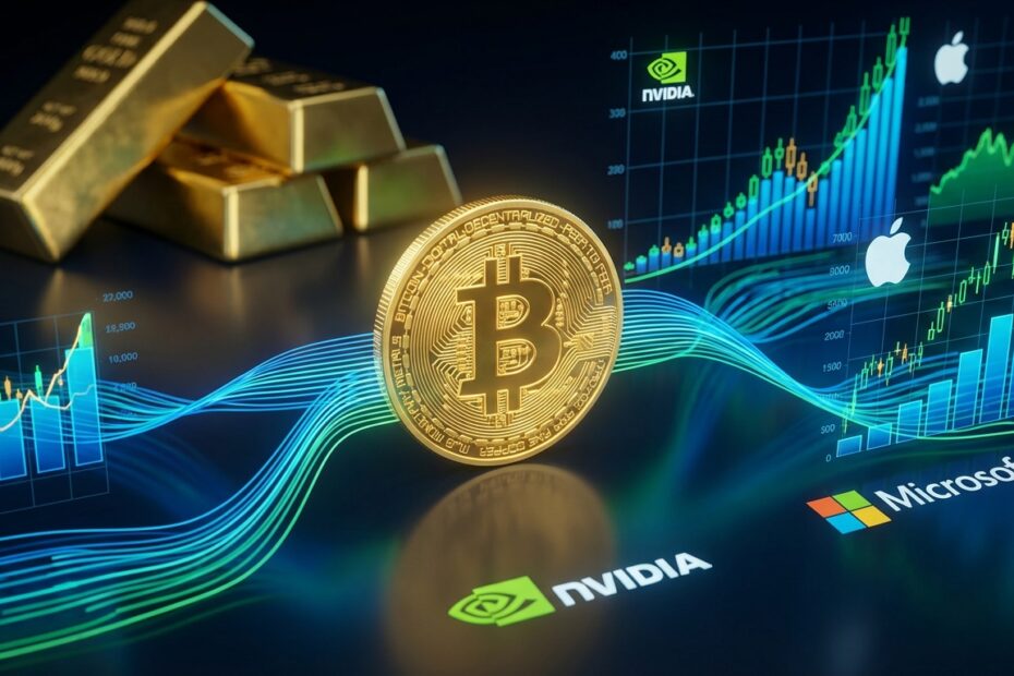 Gráfico 3D mostrando a correlação entre Bitcoin e ações de tecnologia em detrimento do ouro