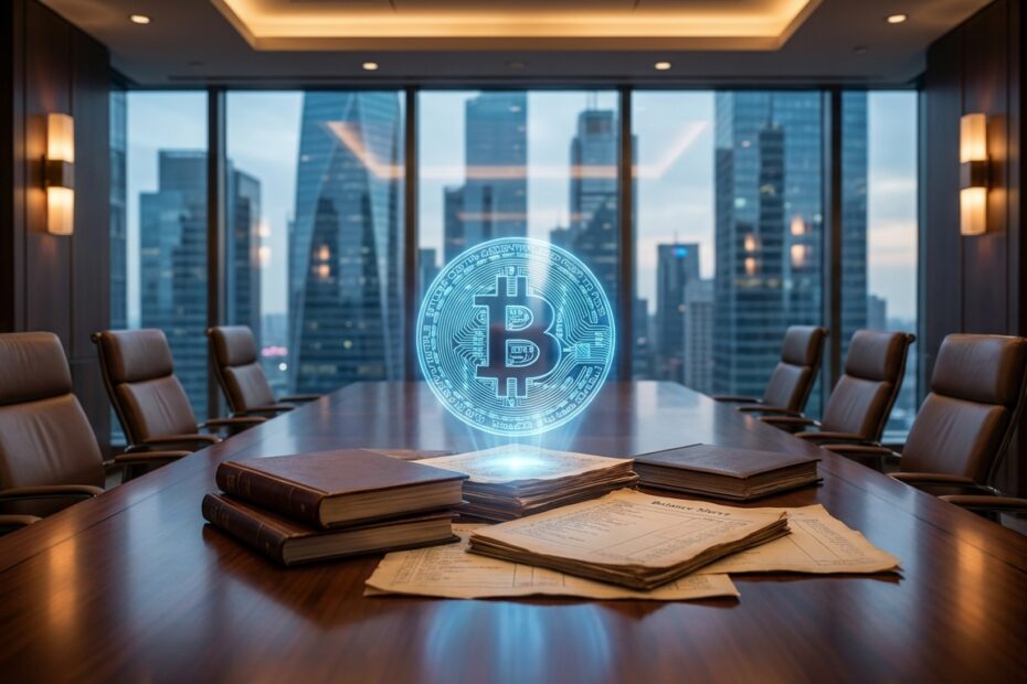 Holograma do Bitcoin sobre relatórios financeiros em mesa corporativa representando adoção institucional