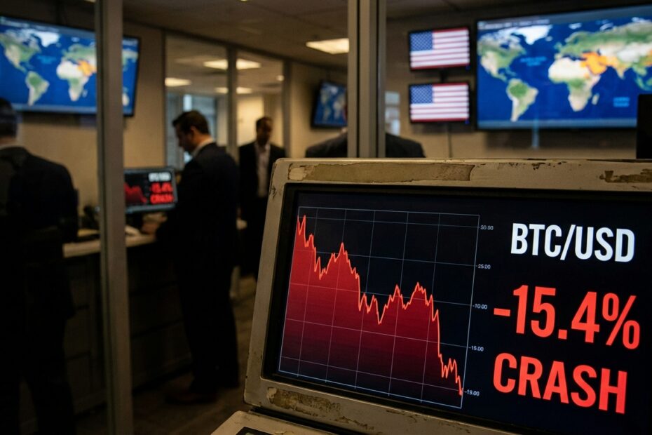 Gráfico de queda do Bitcoin em monitor de trading com mapas geopolíticos ao fundo