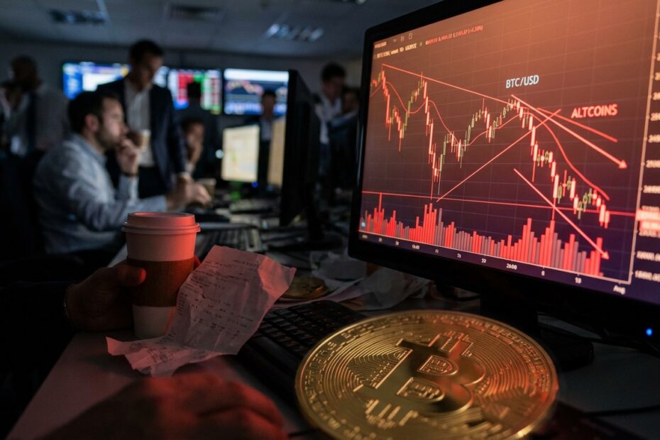 Gráficos de trading em vermelho indicando queda do Bitcoin e do mercado de criptomoedas