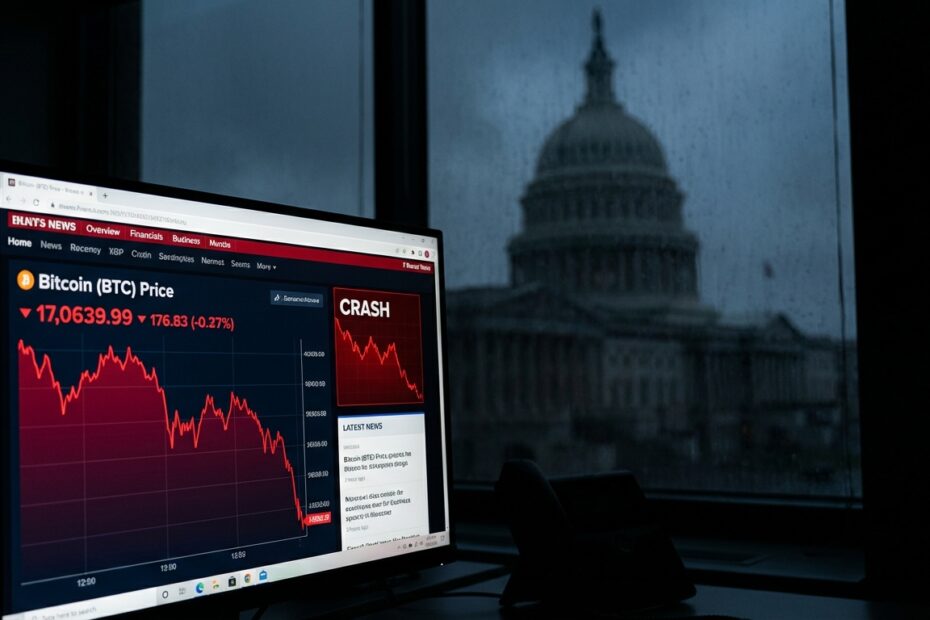 Gráfico de queda do Bitcoin em tela de negociação com fundo desfocado do Capitólio dos EUA