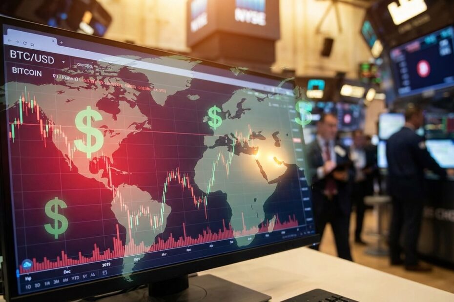 Gráfico de negociação do Bitcoin em queda em monitor financeiro profissional