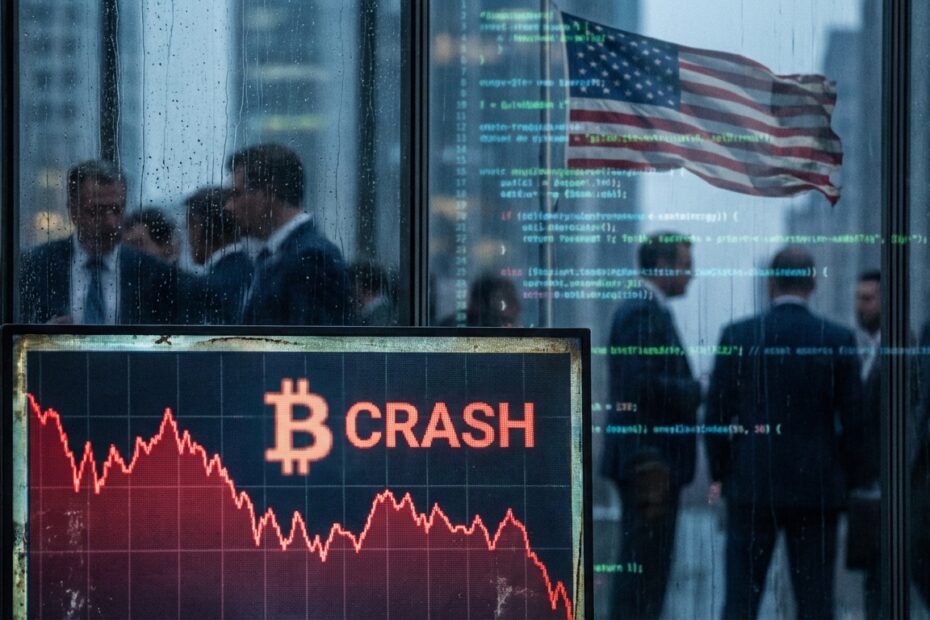 Gráfico de bitcoin em queda com elementos visuais de tecnologia e bandeira dos EUA ao fundo