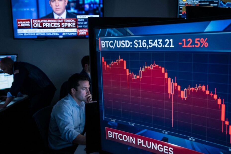 Gráfico de negociação do Bitcoin em queda em tela de monitor com fundo desfocado
