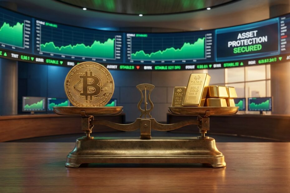 Balança equilibrando uma moeda física de Bitcoin e barras de ouro com fundo de gráficos financeiros