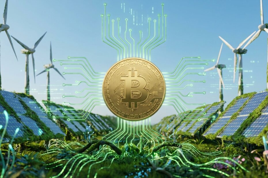 Ilustração de uma moeda Bitcoin dourada conectada a painéis solares e turbinas eólicas, representando mineração sustentável