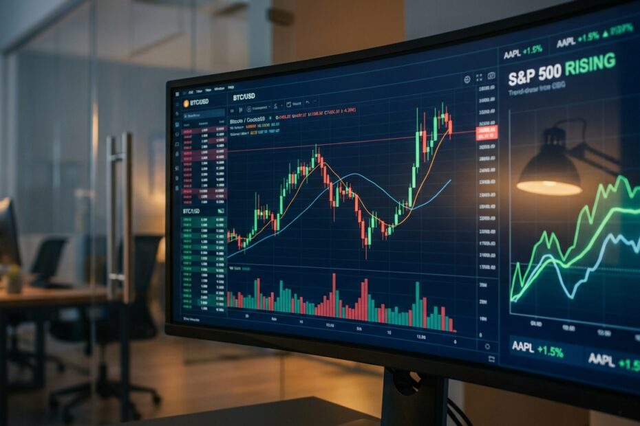 Gráficos de trading mostrando cotação do bitcoin e índices de mercado em telas de computador
