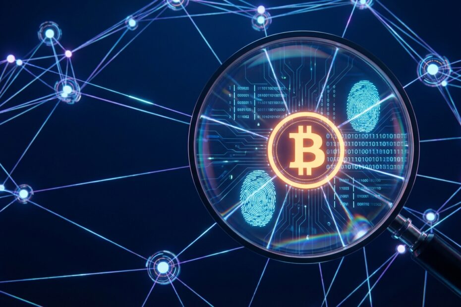 Ilustração digital demonstrando a rastreabilidade de transações na rede blockchain do Bitcoin